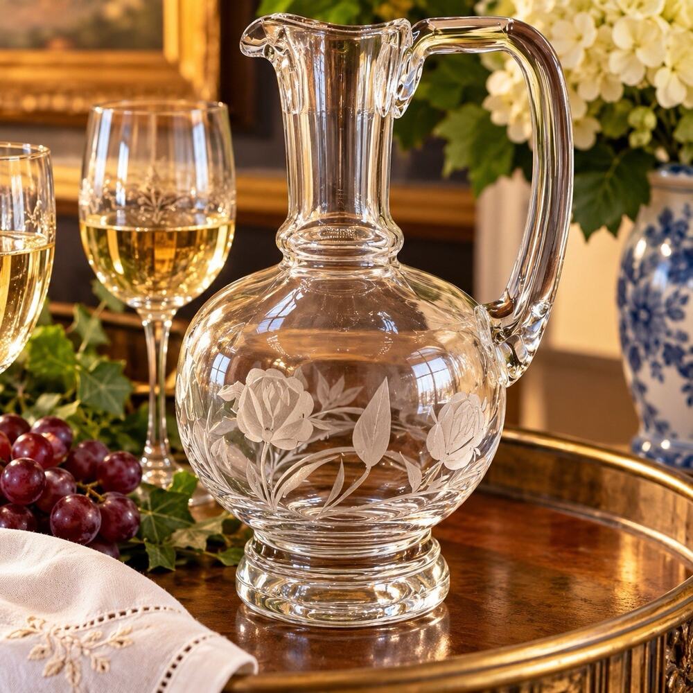 Vintage Etched Glass Wine Decanter Pitcher Footed Floral Applied Handle